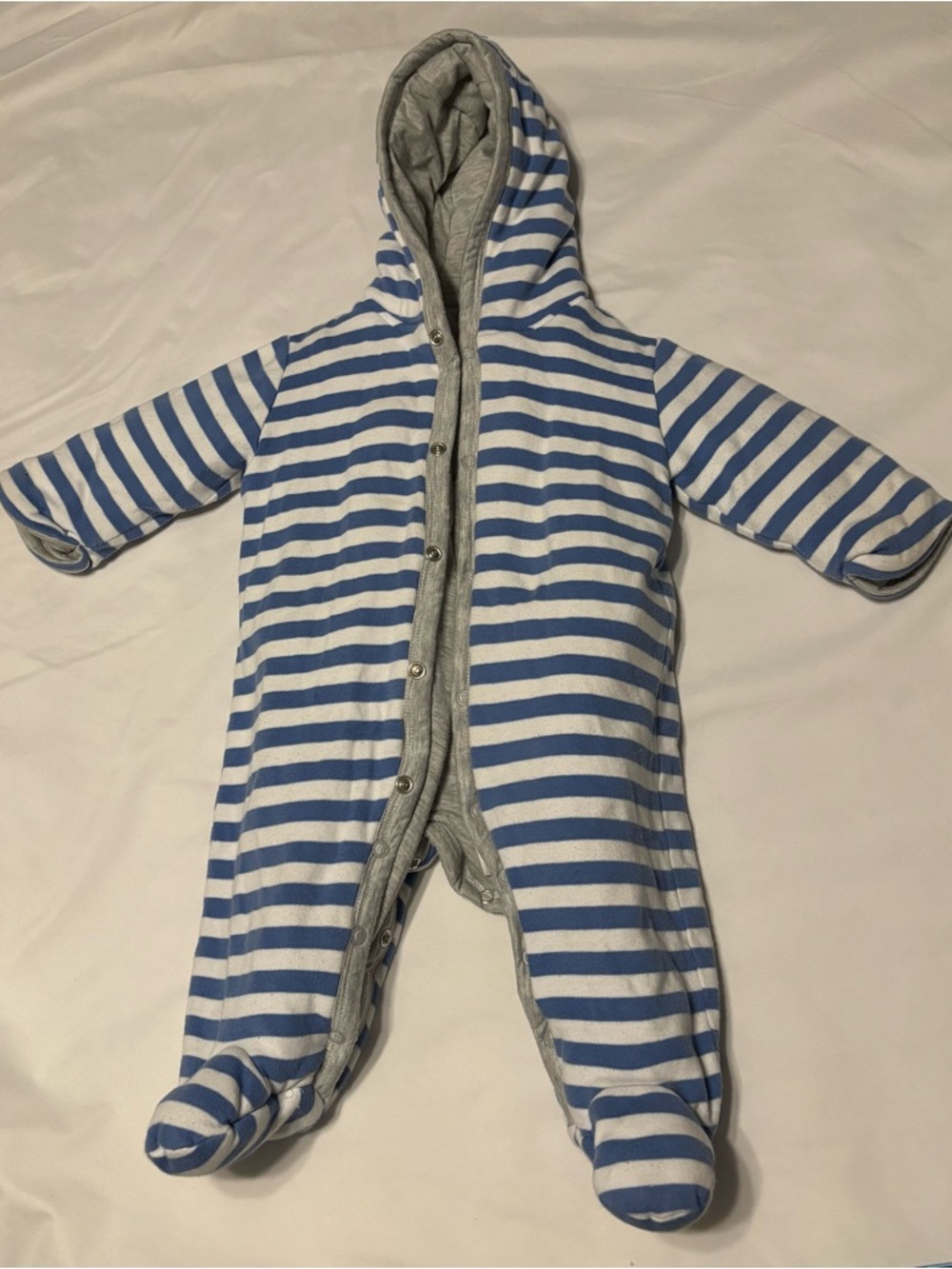 Blue and White Striped Hooded Baby One-Piece - Cozy Footed Bunting